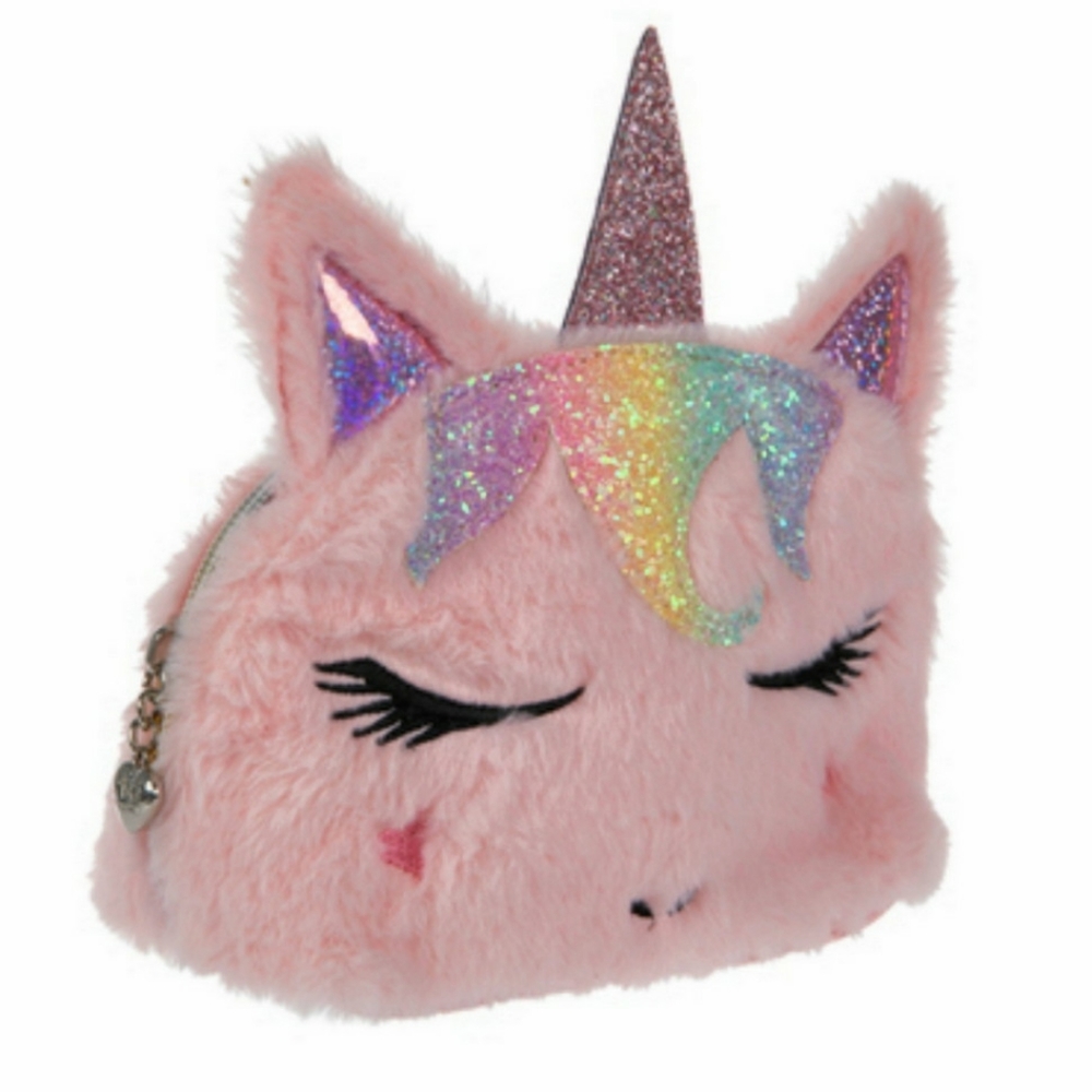 OMG ACCESSORIES Pink Unicorn Faux Fur Cosmetic Bag